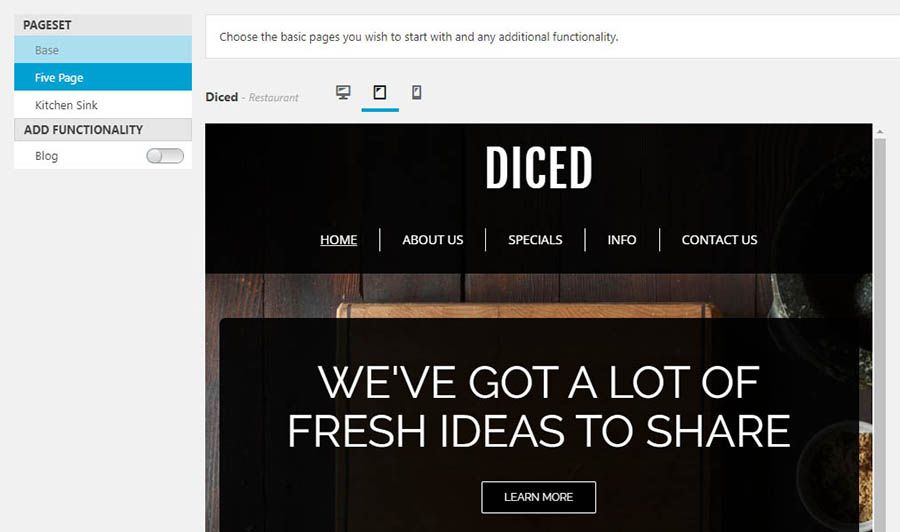 Selección de diseño en el Creador de sitios WP