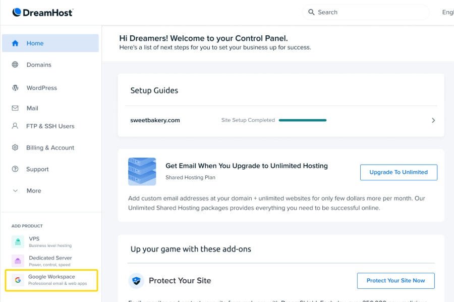 Signing up for Google Workspace in the DreamHost admin panel.