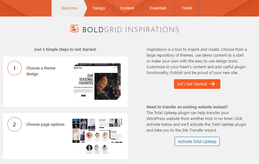 Página inicial del panel de inspiraciones de Boldgrid
