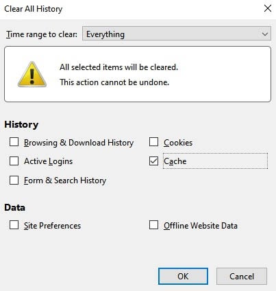 Options for clearing browser data in Firefox.