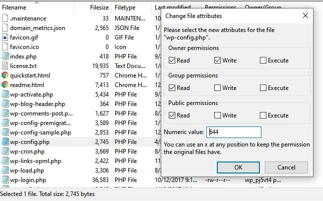 Revisando y actualizando archivos de permiso usando FileZilla.