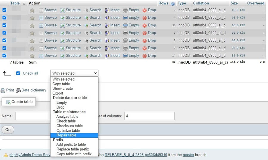 Repairing a database in phpMyAdmin.