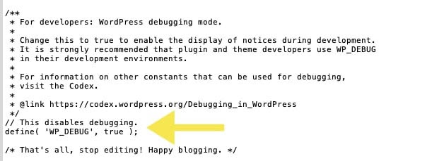 WordPress debugging code added to the ‘wp-config.php’ file.