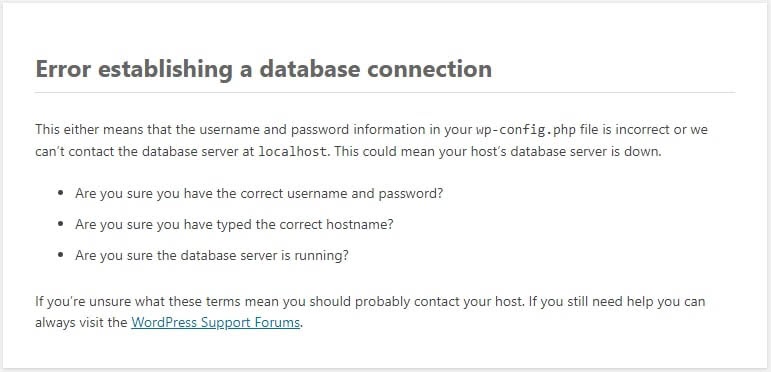 An error establishing a database connection message.