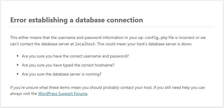 An error establishing a database connection message.