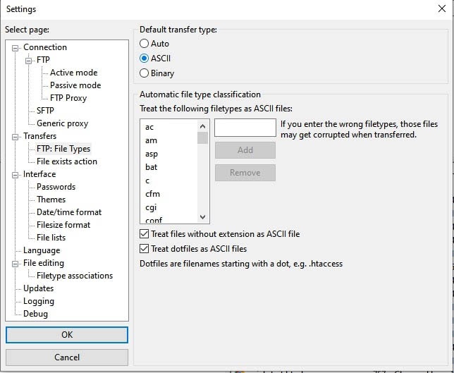Changing the transfer type option in FileZilla.