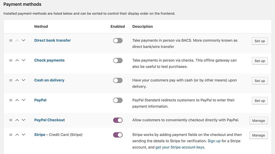 La configuración de Payment Methods en WooCommerce.