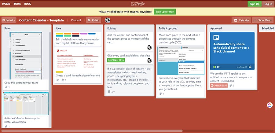 View of Trello integrations on a content calendar.