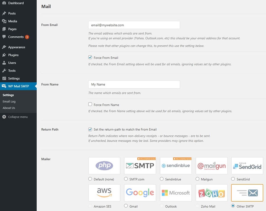 The settings screen of WP Mail SMTP.