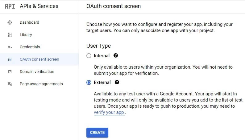 Configurando una pantalla de consentimiento OAuth.