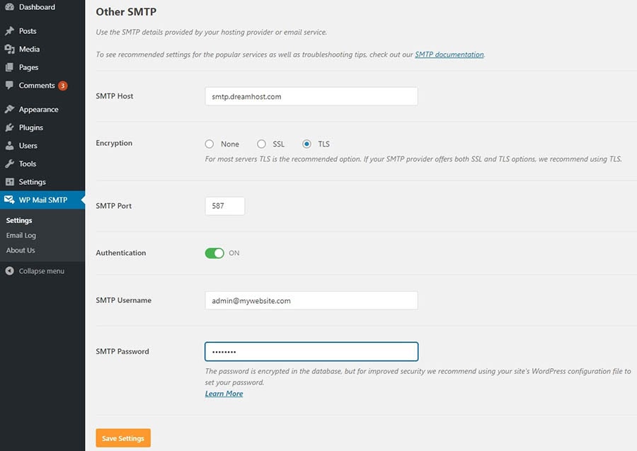 WP Mail SMTP settings for other SMTP mailers.