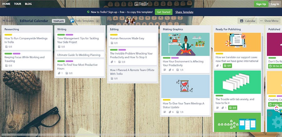 Example of Trello’s Editorial Calendar template.