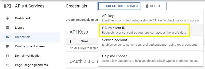 Creating an OAuth client ID.