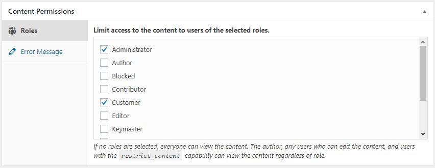 content permissions settings in WordPress