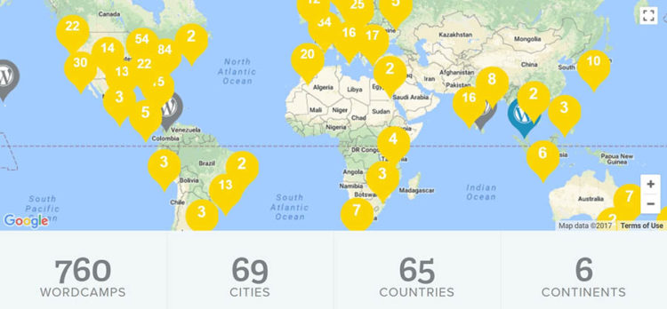 Mapa mundial de WordCamps actuales