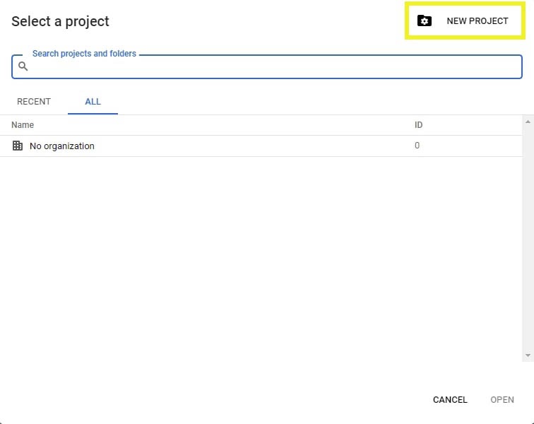 Creating a new project in Google Developers Console.
