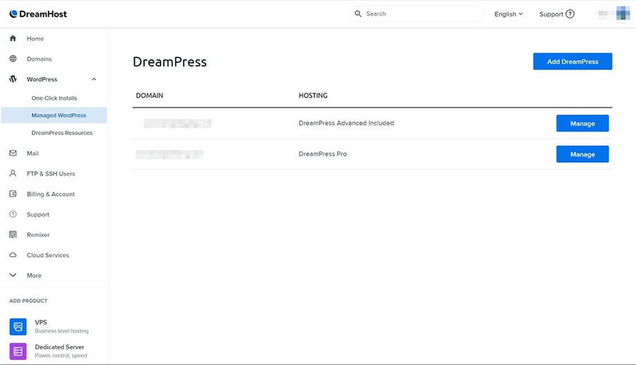 The DreamPress domain settings page.