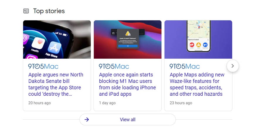 An example of the Google top stories section.