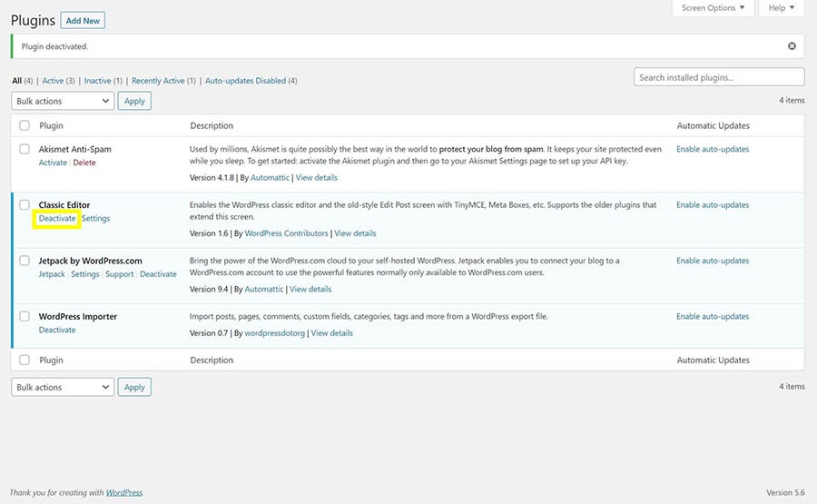 The ‘deactivate’ button on the WordPress plugin settings page.