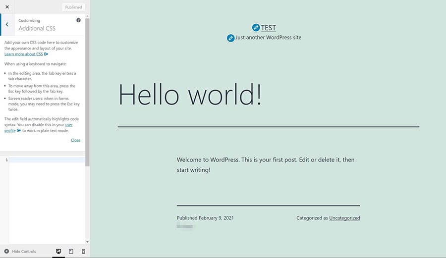 La sección de personalización de CSS de WordPress.