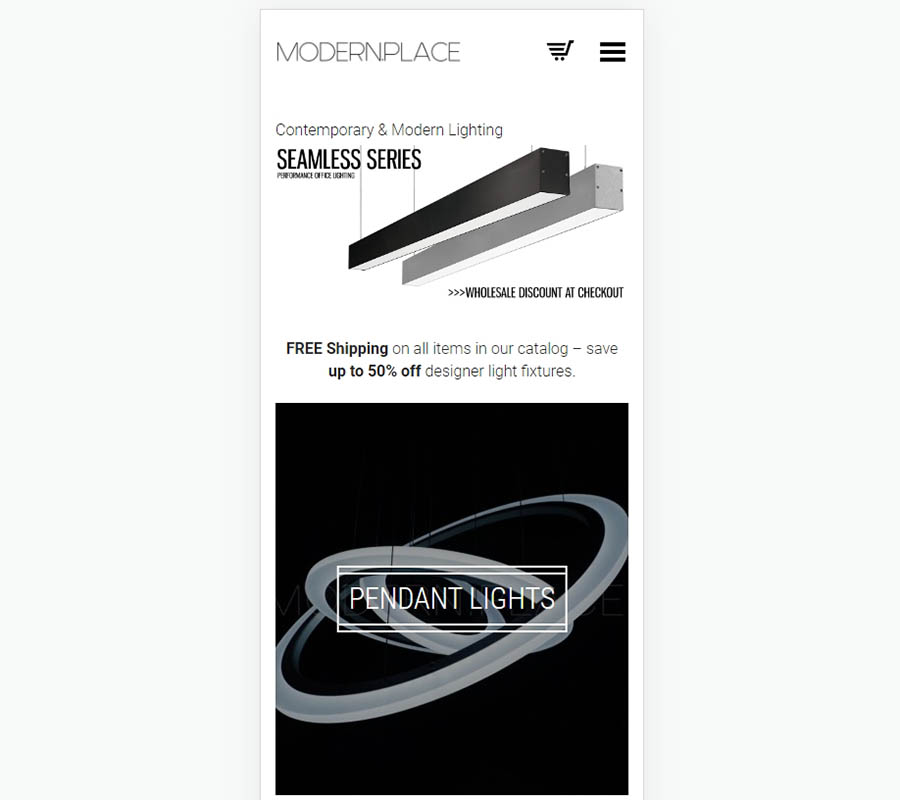 Sitio web de Modern Place Lighting desde un móvil.
