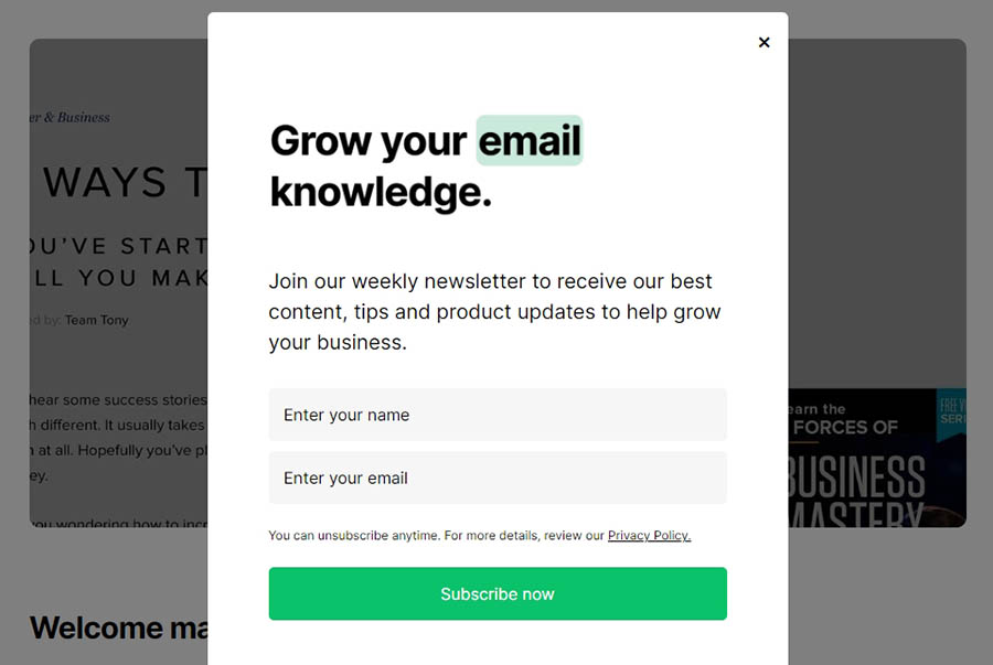An example of an email marketing pop-up.