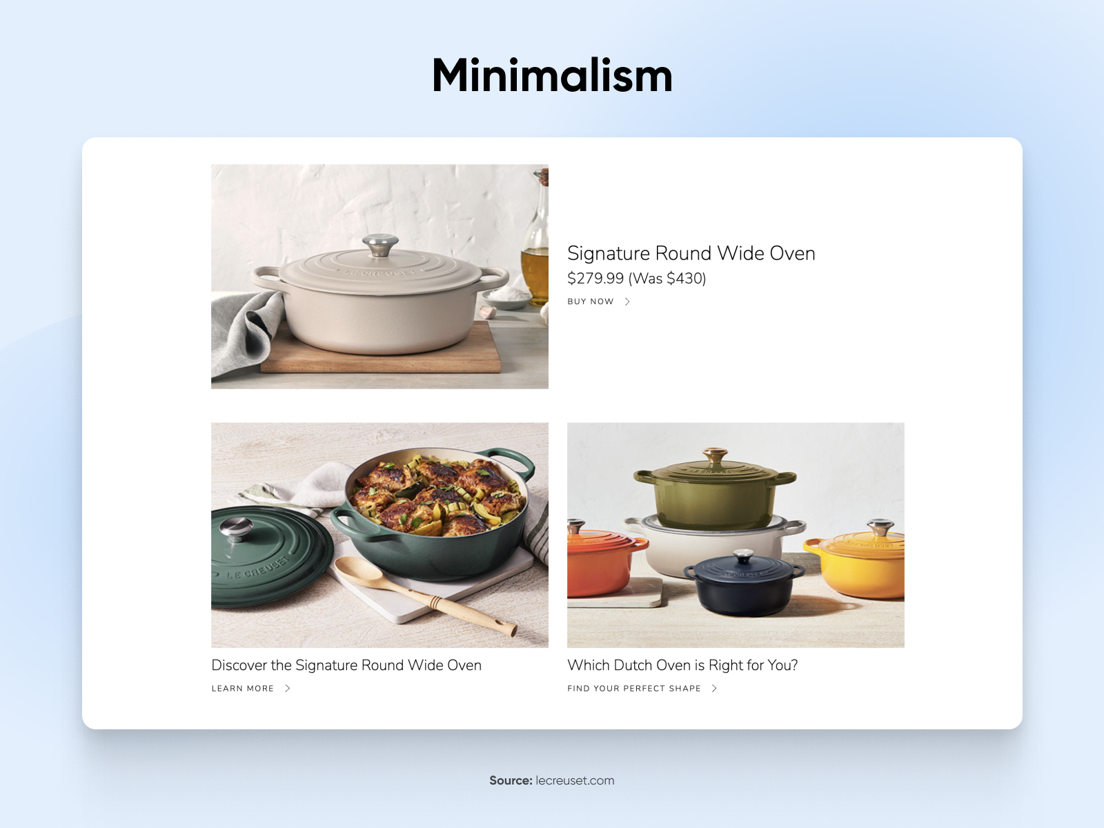 example of card design a website, three clean photos, each with a photo of a le creuset pan short copy  