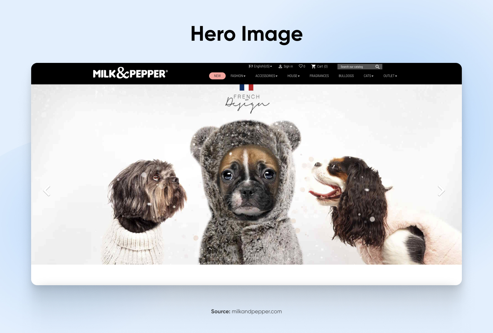 screenshot of milk & pepper's homepage with a single hero image at the top of with a picture with three dogs in sweaters