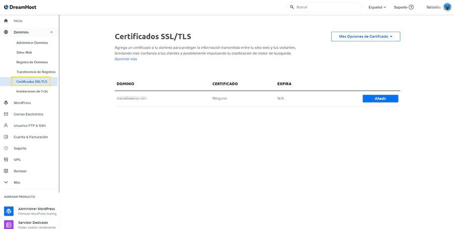 Añadir un certificado SSL en el panel de DreamHost.