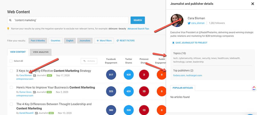 The journalist and publish details panel in BuzzSumo