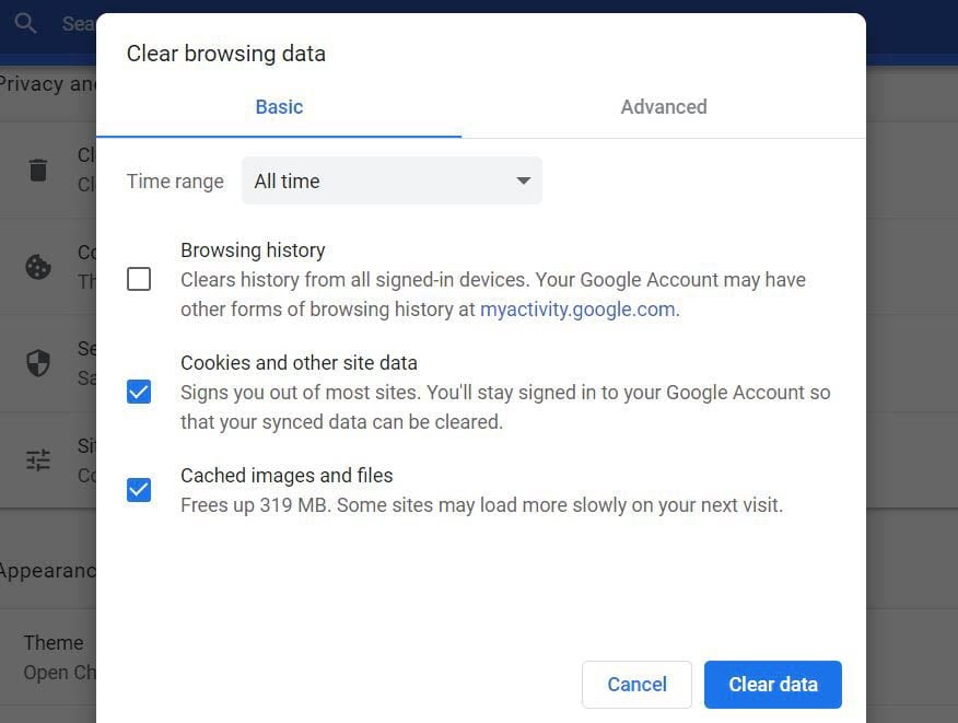 “Clearing your browsing data in Chrome.”