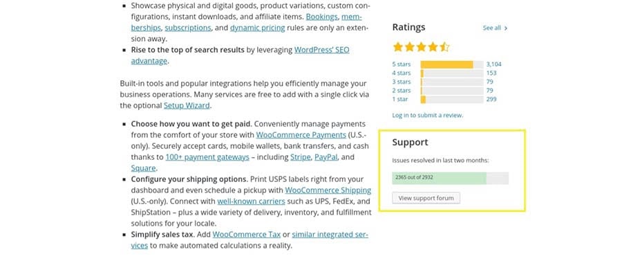 The support section of the WooCommerce plugin.