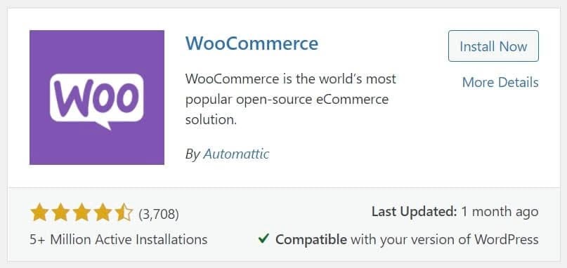 El plugin de WooCommerce visto desde el panel de WordPress.