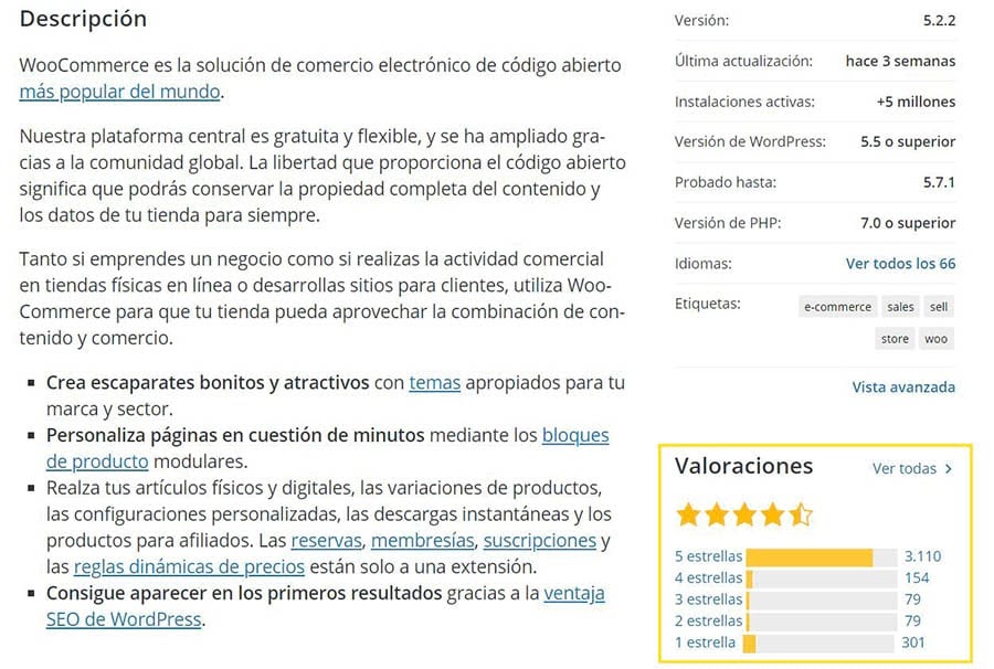 Una porción de información de la página de información de WooCommerce mostrando la sección “Valoraciones”.