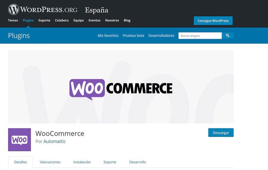La página principal de WooCommerce en el Directorio de Plugins de WordPress.