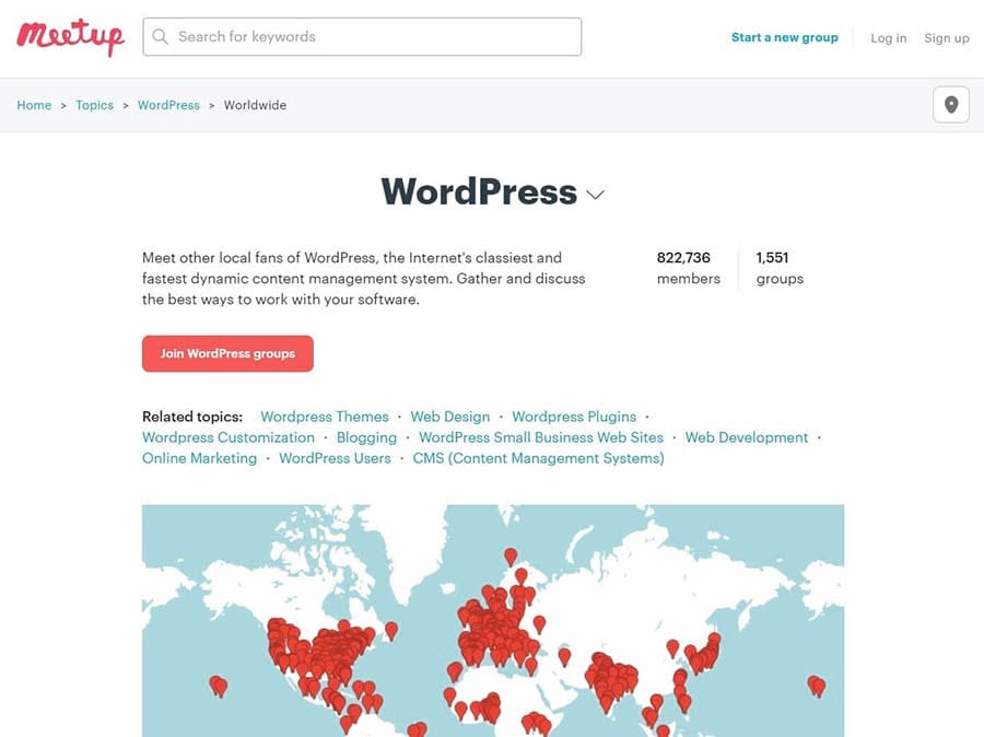 La página inicial del grupo de usuarios de WordPress en Meetup.