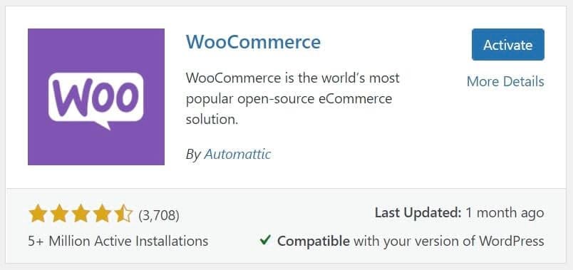 El plugin  WooCommerce con el botón “Activate.”