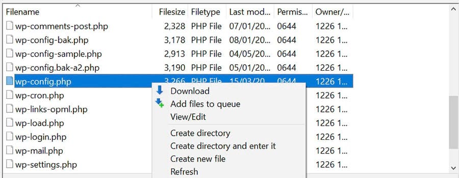 Downloading the wp-config.php file from the root directory with the FTP client.