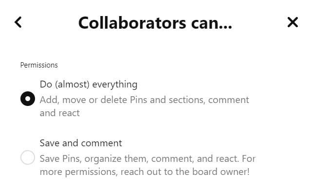 Collaborator settings for group boards on Pinterest.