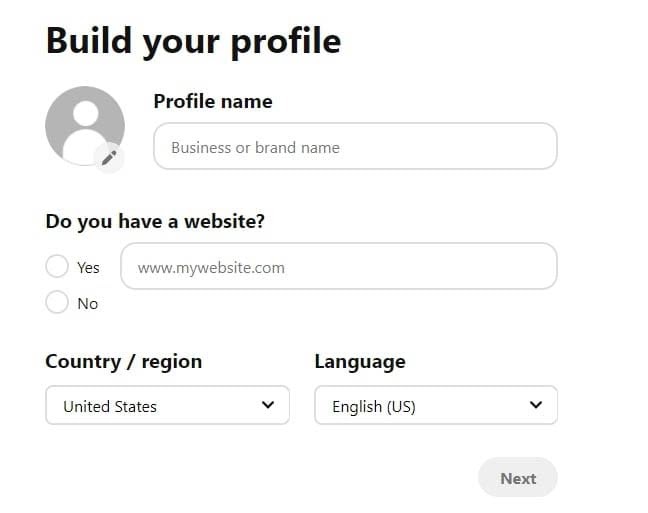 Adding basic profile information to Pinterest Business.