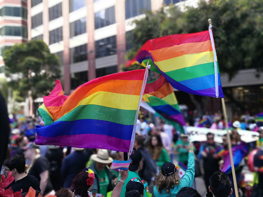 Young people waving rainbow and transgender flags and a Pride parade.