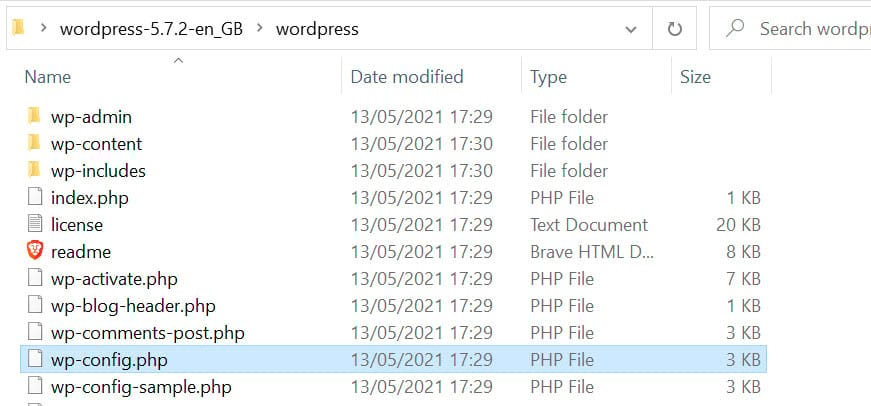 Añadiendo el archivo descargado wp-config.php en la carpeta de WordPress.