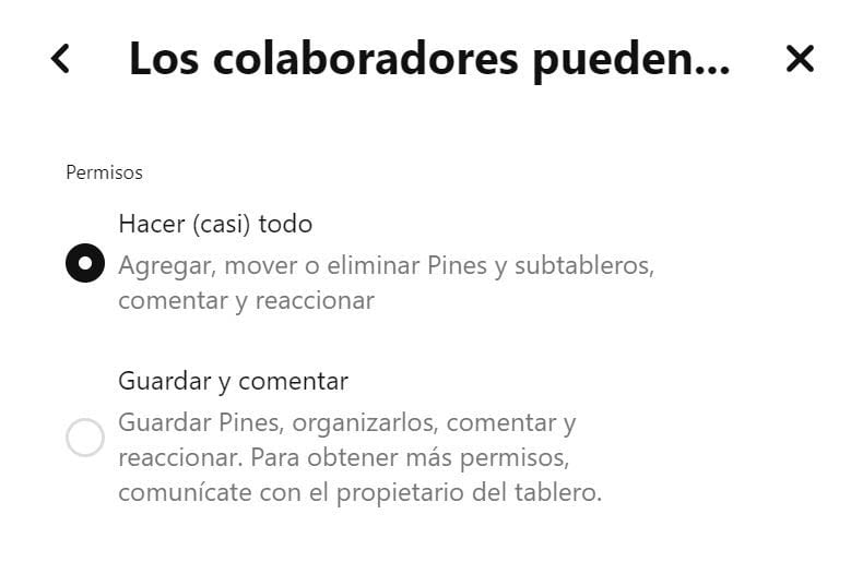 Configuraciones de colaboradores para tableros de grupo en Pinterest.