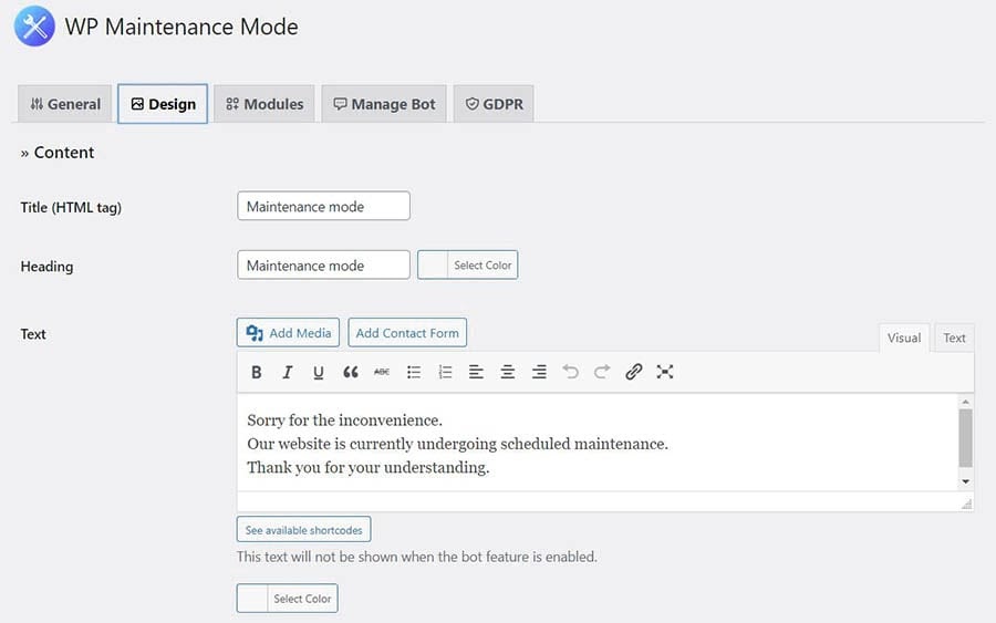 Editing your maintenance mode text in the WP Maintenance Mode plugin