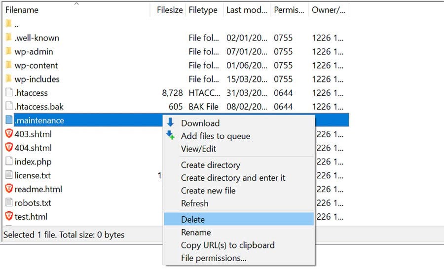 Deleting the .maintenance file in your site’s directory