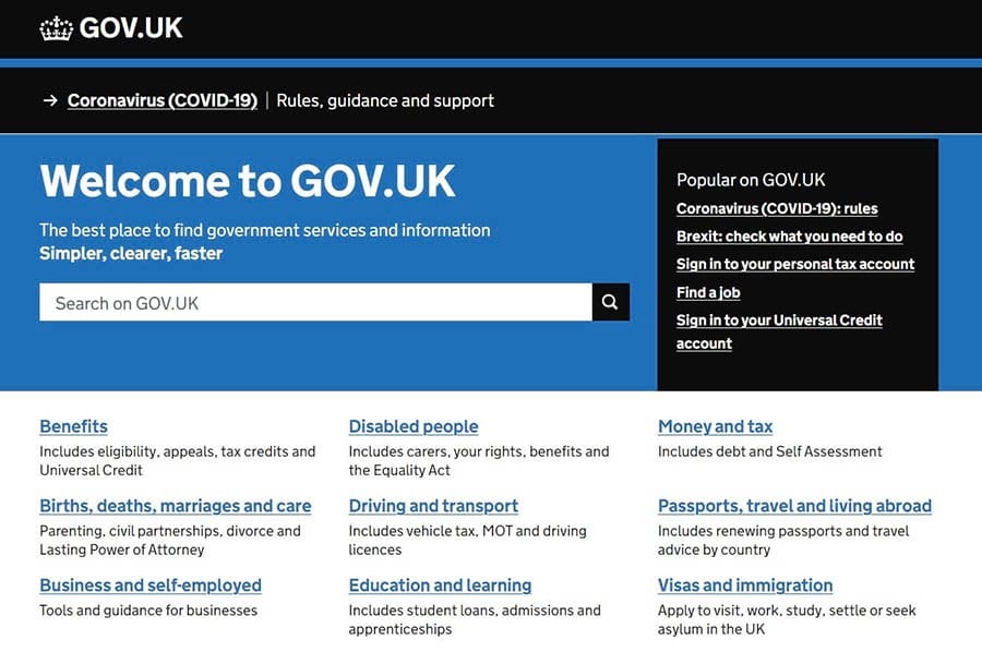 The GOV.UK home page.