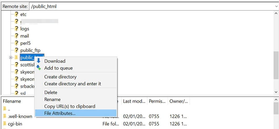 Changing the file permissions using FileZilla