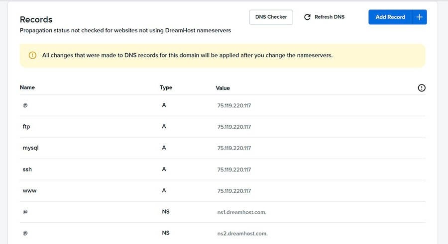 Viewing your DNS records in DreamHost.