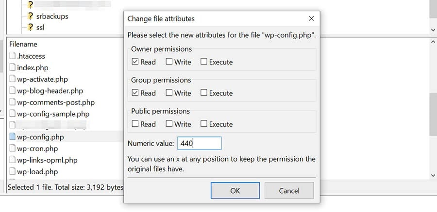 Changing the permissions for the wp-config.php file in FileZilla.