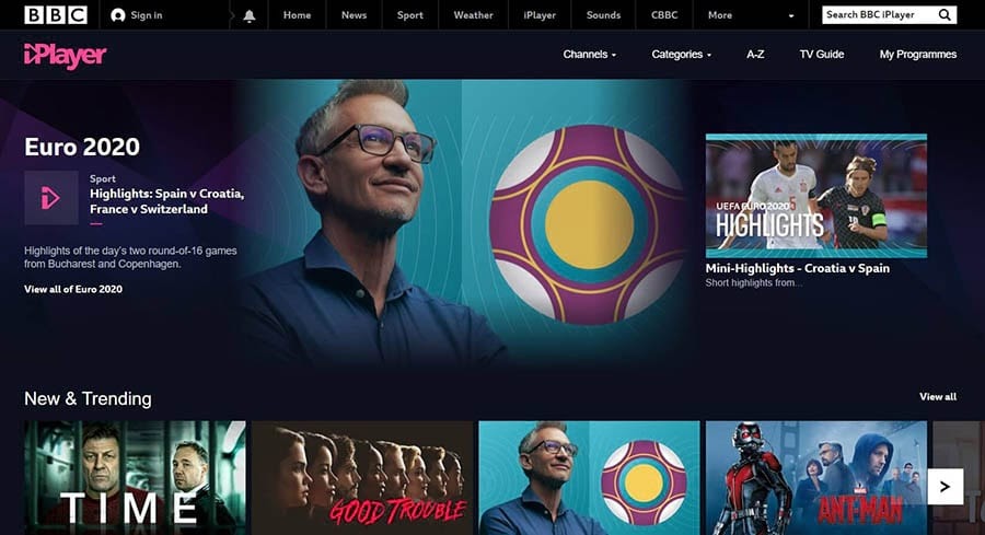 The BBC iPlayer home page.
